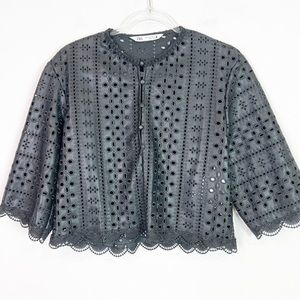 ZARA BLACK LASER CUT FAUX VEGAN LEATHER 3/4 SLEEVE JACKET WOMENS SZ XS